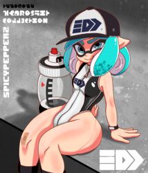 big_ass bigumbuttis blue_eyes blue_hair high_leg_swimsuit inkling inkling_girl large_ass nintendo posing relaxing short_hair sitting small_breasts spicypepper splatoon splatoon_2 swimsuit thick_thighs thighs