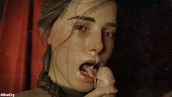 3d a_plague_tale a_plague_tale_innocence alicecry amicia_de_rune blowjob braided_ponytail brown_eyes brown_hair close-up cum cum_in_mouth european first_oral freckles french licking_penis looking_at_viewer oral pale-skinned_female penis petite teenager