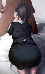 1boy 1girls ass ass_in_dress bed black_clothes black_clothing black_skirt blouse brown_hair business_suit business_woman clothed_female_nude_male clothed_sex dark-skinned_male dark_skin dress_shirt faceless_fellatio faceless_female faceless_male fellatio fellatio_in_skirt implied_fellatio indoors kneeling koh_(minagi_kou) light-skinned_female light_skin long_hair midi_skirt muscular muscular_male naked nude nude_male office_lady pantylines pencil_skirt ponytail sex_in_skirt skirt skirt_suit suit suit_jacket white_blouse white_shirt