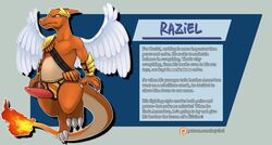 2017 angel armor charizard english_text erection fakémon fakemon feathered_wings feathers fire genitals haychel hi_res hybrid male male_only mostly_nude nintendo patreon penis pokémon_(species) pokemon pokemon_(species) raziel raziel_(character) scalie solo text video_games wings