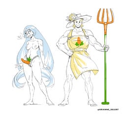 1boy 1girls apron arianne_delort barefoot blonde_hair blue_hair breasts carrot farmer hat long_hair mirio_togata my_hero_academia naked_apron nejire_hado nude pitchfork sex_toy simple_background smile strap-on white_background