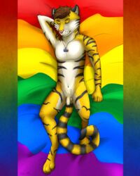 4:5 anthro bedding blanket dolar felid flaccid flag genitals hi_res jewelry male male_only mammal necklace nude pantherine penis pride_colors sleeping small_penis solo tagme tiger uncut