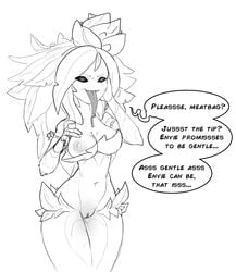 1girls bodily_fluids bra breasts clothing dialogue drooling elemental_creature elemental_humanoid english_text envie_(floran) exposed_breasts female flora_fauna floran genitals hi_res humanoid long_tongue monochrome nipples plant plant_humanoid proxicute pussy saliva solo starbound talking_to_viewer text tongue tongue_out underwear video_games