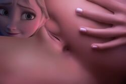 2girls 3d anna_(frozen) anus ass bedroom blonde_hair blue_eyes disney edit elsa_(frozen) female female_only frozen_(film) incest long_hair low_light nude photo_manipulation pussy pussy_focus rastifan royalty screenshot_edit shaved_pussy siblings sisters vagina yuri