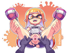 absurd_res animal_humanoid anthro anus ass cephalopod cephalopod_humanoid disembodied_hand female hi_res humanoid inkling inkling_girl kaikoinu kaori_(splatoon) looking_at_viewer mask_(marking) nintendo open_mouth pointy_ears presenting pussy splatoon spread_legs spreading squid tentacle tentacle_hair triangular_anus video_games