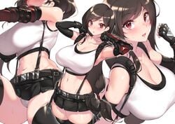 1girls arm_guards bangs bare_shoulders black_hair black_skirt blush breasts clavicle earrings elbow_gloves female final_fantasy final_fantasy_vii final_fantasy_vii_remake fingerless_gloves fuya_(tempupupu) gloves jewelry large_breasts long_hair looking_at_viewer low-tied_long_hair open_mouth red_eyes skirt suspender_skirt suspenders tied_hair tifa_lockhart