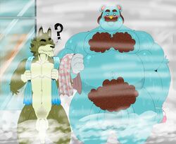 2020 animal_crossing anthro balls bathing beardo_(animal_crossing) belly big_penis blue_body blue_fur blush canid canine canis closed_eyes dobie_(animal_crossing) duo flaccid fur genitals green_body green_fur humanoid_genitalia humanoid_hands humanoid_penis male male/male male_only mammal mc_morrales nintendo overweight overweight_male penis towel ursid video_games white_body white_fur wolf