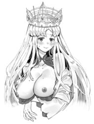 1girls blonde_hair blush crown curvy dress europa_(fate) eyelashes fate/grand_order fate_(series) female front_view human long_hair looking_at_viewer lunando medium_breasts monochrome naked nude pose posing profile ribbon royalty standing topless uncensored very_long_hair voluptuous white_background