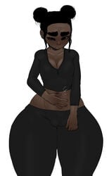 black_hair bottom_heavy cameltoe cleft_of_venus clothed clothing cropped_legs dark-skinned_female dark_hair dark_skin female front_view hair_buns midriff olive_skin plump_vulva solo solo_female thick_thighs transparent_clothing vantablack vulva white_background yelftea yoga_pants zipper