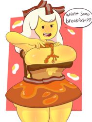 adventure_time background bacon barely_clothed breakfast_princess cartoon_network female female_only huge_breasts impossible_opening lr_mano pouring_on_self sole_female speech_bubble thick_thighs tight_clothing white_hair yellow_skin