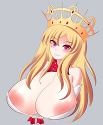 1girls 2019 areolae arms_behind_back blonde_hair breasts crown europa_(fate) fate/grand_order fate_(series) female huge_breasts jcdr long_hair looking_at_viewer nipples open_mouth purple_eyes smile solo voluptuous