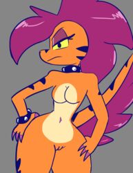 anthro breasts dinosaur edit edited facing_viewer female jurassiczalar looking_at_viewer orange_body purple_hair pussy request roxie_(jurassiczalar) roxy_(jurassiczalar) scale solo tail tiger_stripes yellow_eyes yellow_sclera