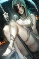 1girls ass barefoot breasts brown_hair dark_souls dark_souls_3 female female_only fromsoftware habit hair_over_one_eye looking_at_viewer nun nun's_habit painting_(artwork) pinup purple_eyes ragecndy rosary sister_friede solo