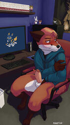 9:16 anthro balls blush bodily_fluids bottomless canid canine clothed clothing e621 embarrassed erection esix fox fur genital_fluids genitals glans hand_on_arm hi_res holding_arm hoodie male male_only mammal mascot multicolored_body multicolored_fur penis precum rinzy sitting topwear white_body white_fur