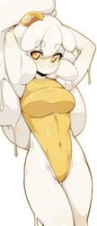 1girls arms_behind_head egg egg_(lemyawn) leotard monster_girl navel nude showing_off slime_girl slugbox solo yellow_eyes