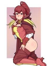 1girls afrobull anna_(fire_emblem) anna_(fire_emblem_awakening) ass big_ass blush boots cape collar come_hither eyes_half_open female female_focus female_only finger_to_mouth fire_emblem fire_emblem_awakening high_collar high_heel_boots high_heels looking_at_viewer naughty_face nintendo on_knees pants_down ponytail popped_collar red_eyes red_hair seductive_smile shiny_hair shiny_skin small_breasts smile undressing