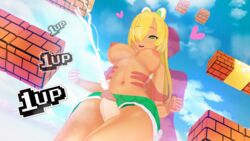 1boy 1girls 3d blonde_hair cum ejaculation green_eyes koikatsu koopa koopa_girl mario_(series) partially_clothed rule_63 score super_mario_bros. thigh_sex thighs witchanon