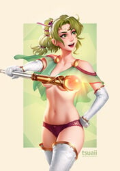 1girls bad_censor belly covering fair-skinned_female fair_skin female female_focus female_only fire_emblem fire_emblem:_the_sacred_stones gloves green_eyes green_hair l'arachel_(fire_emblem) light-skinned_female light_skin long_gloves midriff panties partially_clothed purple_panties short_hair small_breasts solo solo_female solo_focus topless tsuaii underwear