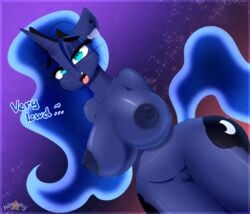 alicorn anthro big_areola big_breasts big_nipples breasts dark_nipples dialogue equid erect_nipples female friendship_is_magic furry genitals hasbro horn huge_breasts looking_at_viewer mammal my_little_pony n0nnny nude princess_luna_(mlp) pussy solo wide_hips wings