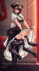 1futa big_balls big_penis black_hair breasts dick dildo dress futa_only futanari gloves high_heel_boots high_heels horsecock_dildo leggings looking_at_viewer maid_uniform nenerhea smile solo_futa