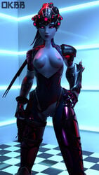 1girls 3d 3d_(artwork) alternate_costume black_sclera blizzard_entertainment checkered_floor dark_blue_hair eyelashes eyeshadow female long_hair looking_at_viewer okbb overwatch photo_background ponytail pose purple_eyes purple_eyeshadow purple_lipstick purple_skin pussy slim small_breasts solo spider_widowmaker tattoo vulva widowmaker