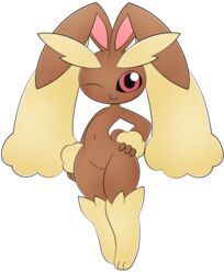 3_fingers :3 anthro belly_piercing big_eyebrows blush brown_fur ear female furry hand_on_hip long_ears looking_at_viewer lopunny nintendo nipples pokémon_(species) pokemon pokemon_(species) pokemon_dppt pussy rabbit red_eyes transparent_background wink zinzoa