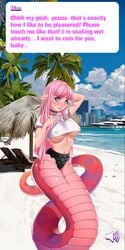 booty_calls clothing ear_piercing hina_(booty_calls) huge_ass lamia long_hair looking_at_viewer medium_breasts nipples nipples_visible_through_clothing panties pink_hair snake_eyes snake_girl text white_shirt