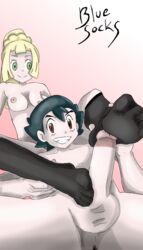 1boy 1girls ash_ketchum bluesocks breasts feet female footjob human legwear lillie_(pokemon) penis pokemon pokemon_sm satoshi_(pokemon) sockjob socks tagme