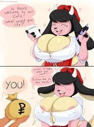 1girls anthro big_breasts breasts cleavage disembodied_hands female huge_breasts jinu large_breasts miltank offscreen_character pokémon_(species) pokemon pokemon_cafe_mix smile speech_bubble text