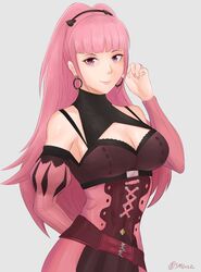 1girls armpits cleavage earrings fire_emblem fire_emblem:_three_houses hilda_valentine_goneril large_breasts long_hair pink_eyes pink_hair ponytail smgold smile solo solo_focus