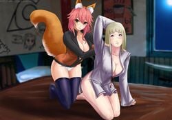 2girls alternate_costume amenoosa arm_behind_head barefoot blonde_hair bottomless breasts cleavage crossover fate/grand_order fate_(series) feet fox fox_ears fox_tail hands_on_shoulders kneeling long_hair looking_at_viewer naruto naruto_(series) naruto_shippuden on_bed one_arm_up panties pink_hair pov pov_male purple_eyes royalty shion_(naruto) smile stockings tamamo_no_mae_(fate) unzipped yellow_eyes