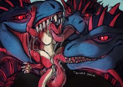 ambiguous_gender anal anthro bodily_fluids dragon drooling glowing group hydra in_mouth kissing kobold mawplay open_mouth oral pur3 rimming saliva scalie sex slit teavern tongue