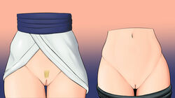 2girls captainbuttocks_(artist) female female_only innie_pussy lower_body multiple_girls naruto naruto_(series) no_panties pubic_hair pussy pussy_focus sakura_haruno tsunade vagina