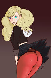 1girls ann_takamaki ass blonde_hair blue_eyes butt captainbuttocks_(artist) eyelashes female leggings looking_at_viewer miniskirt pale_skin panties pawg persona persona_5 school_uniform skirt_lift skirt_tug thong twintails upskirt wind_lift