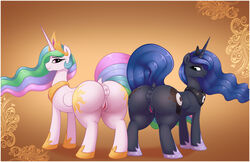 2020 alicorn anus ass augustbebel big_butt border cutie_mark digital_media_(artwork) dock duo equid eyebrows eyelashes female feral friendship_is_magic furry genitals hasbro hi_res horn looking_at_viewer mammal my_little_pony non-anthro princess_celestia_(mlp) princess_luna_(mlp) puffy_anus pussy royal_sisters_(mlp) sibling sister sisters smile thick_thighs white_border wings