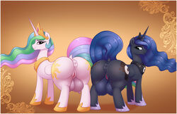 2020 alicorn anus ass augustbebel big_butt border crotchboobs cutie_mark digital_media_(artwork) dock duo equid eyebrows eyelashes female feral friendship_is_magic furry genitals hasbro hi_res horn huge_crotchboobs looking_at_viewer mammal my_little_pony non-anthro princess_celestia_(mlp) princess_luna_(mlp) puffy_anus pussy royal_sisters_(mlp) sibling sister sisters smile thick_thighs white_border wings