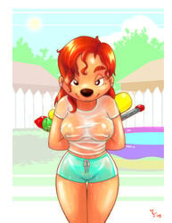 1girls 2008 anthro arms_behind_back brown_fur brown_hair cameltoe disney earrings female fence furry goof_troop joe_randel large_breasts mole_under_eye nipples no_bra pussy roxanne_(goof_troop) see-through shorts smile solo water_gun wet wet_shirt