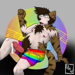 1:1 bottomwear brown_body brown_fur clothed clothing felid fur genitals human_to_anthro hybrid leaking lion male mammal mid_transformation nicohhusky nicothepinkhusky pale_skin pantherine partially_clothed penis rainbow shorts simple_background species_transformation transformation ursid