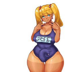 1futa blonde_hair blue_eyes blush breasts bulge censored chubby cleavage ear_piercing eva_(neone-x) futa_only futanari gyaru large_penis neone-x nipple_bulge precum shirt solo swimsuit tan tan_skin tanline thick_thighs thigh_gap twintails