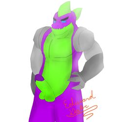 2020 anthro blue_eyes brawl_stars dinosaur edward_dexter erection eyebrows furry furry_only green_skin humanoid_penis kaiju kaiju_brawl_stars kaiju_brawlstars male male_only muscular muscular_male penis purple_skin reptile robotic_arm simple_background solo solo_male spikes standing white_background