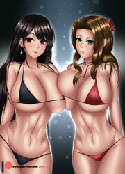 2girls abp_art aerith_gainsborough asymmetrical_docking big_breasts bikini black_bikini black_hair brown_eyes brown_hair female_only final_fantasy final_fantasy_vii green_eyes huge_breasts long_hair looking_at_viewer multiple_girls red_bikini tifa_lockhart voluptuous