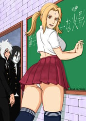 1girls 2020 2boys aged_down being_watched black_eyes black_hair blonde_hair breasts brown_eyes dated facial_mark facial_markings forehead_mark jiraiya long_hair looking_at_viewer naruto naruto_(series) naruto_shippuden orochimaru pale_skin panties school_uniform schoolgirl skirt smile suykio tsunade twintails white_hair white_skin yellow_eyes young_tsunade