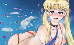 1girls bishoujo_senshi_sailor_moon blonde_hair blush breasts collar condom cum cum_inside cum_on_face female female_only girlystrange heart heart-shaped_pupils medium_breasts meme nipple_piercing nipples sailor_moon sailor_moon_redraw_challenge solo twintails usagi_tsukino used_condom