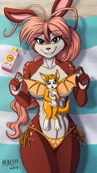 animal_humanoid big_breasts duo dust:_an_elysian_tail female female_only fidget furry furry_only green_eyes haley_(elysian_tail) heresy_(artist) huge_ears orange_fur pink_hair rabbit red_fur white_fur wings