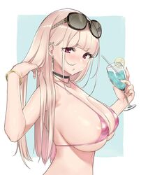 1girls :o areola_slip areolae bangs big_breasts bikini blonde_hair blue_background blush border breasts choker cup drinking_glass ear_piercing earrings eyebrows_visible_through_hair eyewear_on_head female_only gyaru hand_in_hair highres jewelry large_breasts long_hair looking_at_viewer micro_bikini micro_bikini_top mole mole_under_eye nail_polish nakamura_misaki nanae open_mouth original original_character piercing pink_bikini pink_eyes simple_background solo sunglasses swimsuit white_border yellow_nails