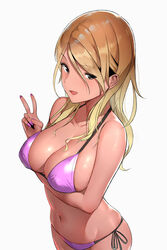 arm_under_breasts bikini blonde_hair breast_hold breasts brown_eyes cleavage cowboy_shot dark-skinned_female dark_skin earrings female fingernails gyaru halterneck high_resolution idolmaster izumi_mei jewelry kogal large_breasts long_fingernails long_hair nail_polish navel nnoelllll noel_(pixiv_33650872) purple_bikini purple_nails shiny shiny_skin side-tie_bikini simple_background smile solo swimsuit the_idolm@ster:_shiny_colors v white_background