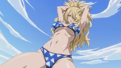 1girls bikini blonde_hair blue_bikini blue_sky breasts color day earrings fairy_tail female female_only hair hair_flower jenny_realight large_breasts long_hair outside screencap solo underboob