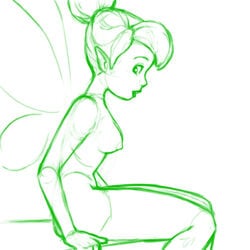 disney disney_fairies fairy female hair_bun joe_randel medium_breasts monochrome nipples peter_pan_(disney) pointy_ears rough_sketch sitting sketch solo tinker_bell wings