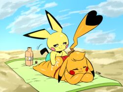 <3_tail 2020 4:3 alternate_version_at_source ambiguous_gender anthro beach cleft_tail closed_eyes clothed clothing cosplay_pikachu digital_media_(artwork) dipstick_ears dipstick_tail duo female hi_res joaoppereiraus kanna_(joaoppereiraus) leroy_(joaoppereiraus) lying multicolored_ears multicolored_tail nintendo on_front outside pichu pikachu pokémon_(species) pokemon seaside shortstack signature smile sunscreen thick_thighs video_games