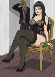 1boy 1girls 2019 areolae black_hair blue_eyes blush breasts briefcase chair clothing crossed_legs dated dress facial_markings female heels holding_object hyuuga_hinata lingerie lipstick long_hair makeup male naruto naruto:_the_last naruto_(series) naruto_shippuden nipples see-through see-through_clothing short_hair sitting smile stockings suit suykio uzumaki_naruto violet_eyes waiting walk-in walking yellow_hair